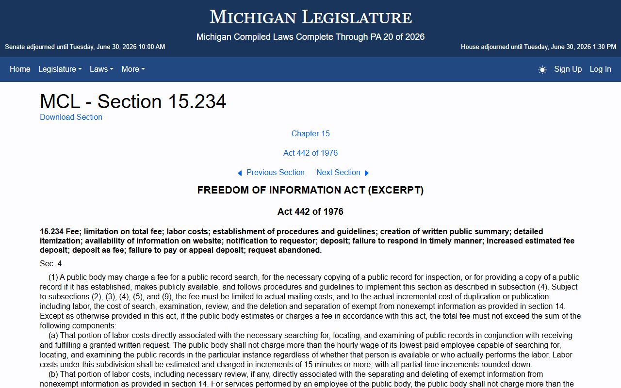 Iosco County clerk of court FOIA fee statute