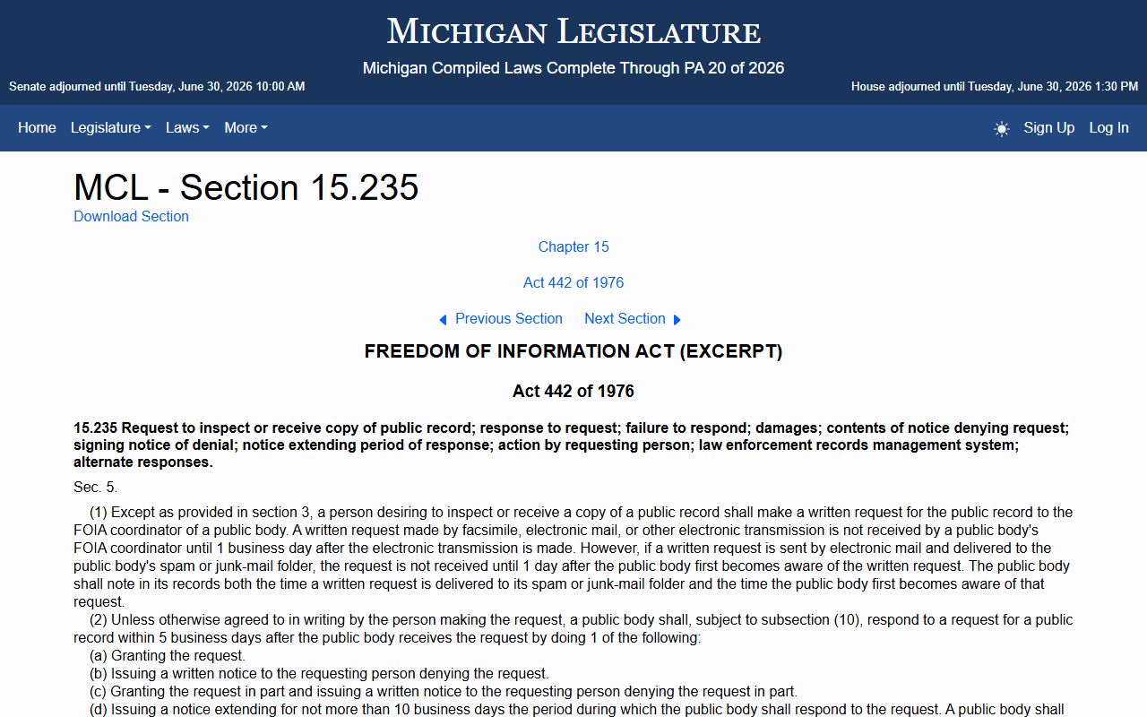 Iosco County clerk of court FOIA response statute