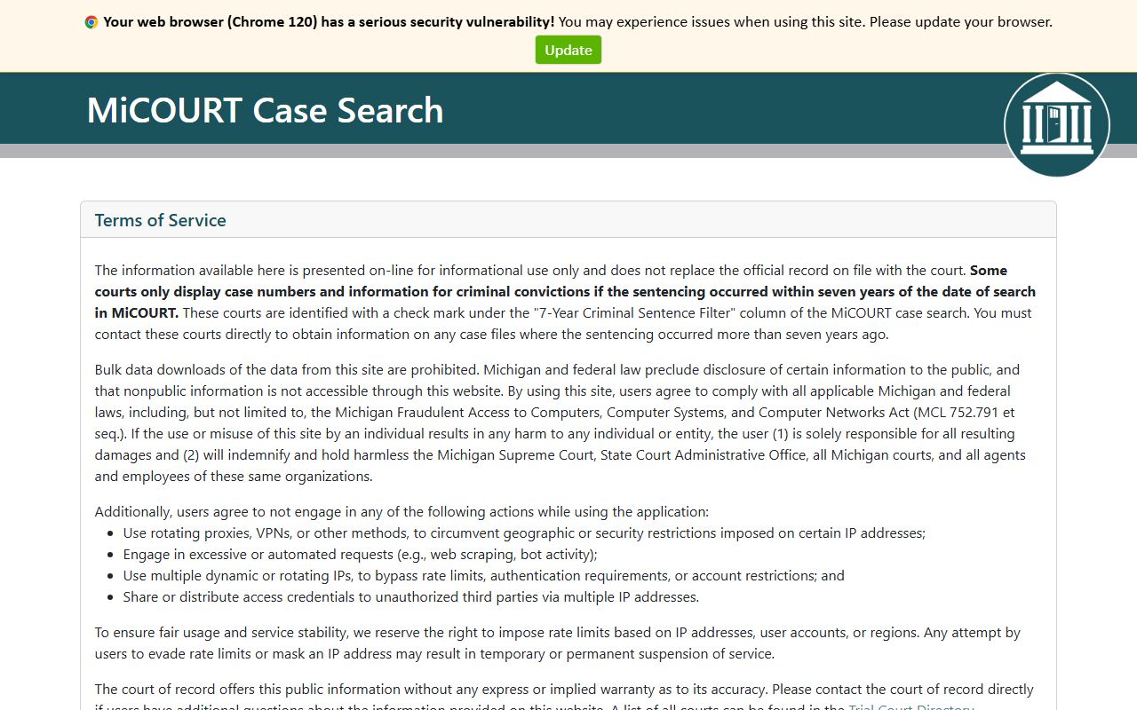 Iosco County court records fields on the MiCOURT case search