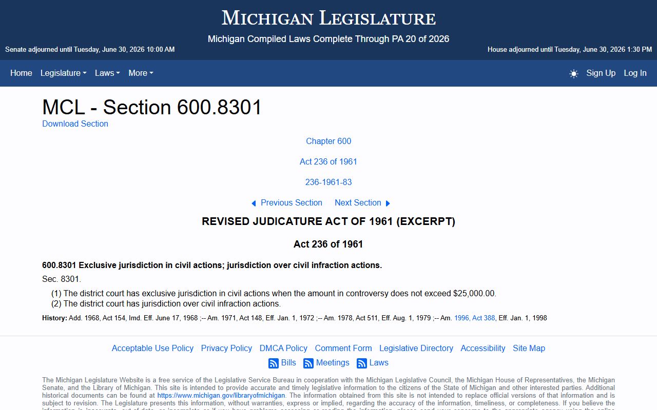 Iosco County district court civil jurisdiction limit under Michigan law