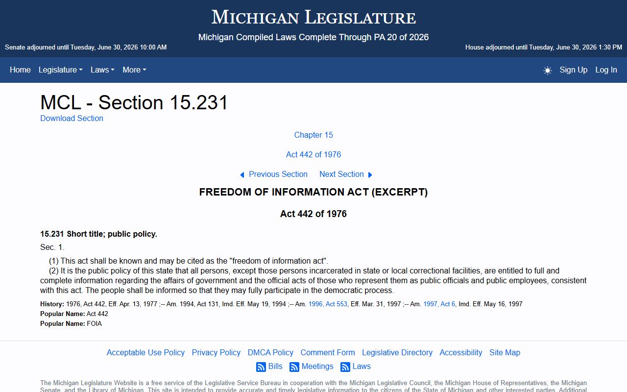 Iosco County marriage and divorce records and Michigan FOIA public policy