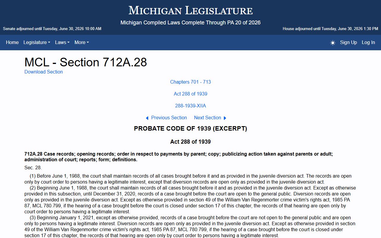 Michigan statute governing Iosco County probate records and juvenile record access